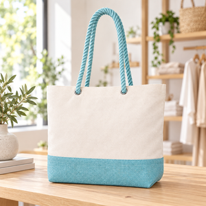 กระเป๋าผ้าใบปอกระเจาธรรมชาติ 45x35x14 ซม. สีน้ำเงิน หูหิ้วเชือก กระเป๋าช้อปปิ้ง กระเป๋าชายหาด ขายส่ง รับผลิตแบบ OEM - Product Image 5