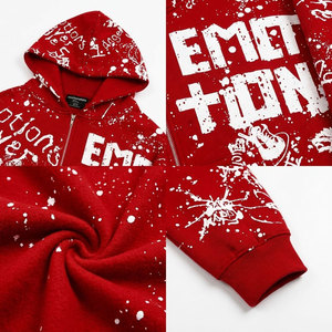 Sudadera con capucha y cremallera con estampado de letras Emotion para hombre, estilo oversize, streetwear, roja, de poliéster tejido, informal de otoño - Product Image 6