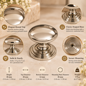 Bouton de meuble rond en laiton massif poli SHUBHAM 38 mm, bouton de tiroir doré avec plaque de montage décorative - Product Image 5