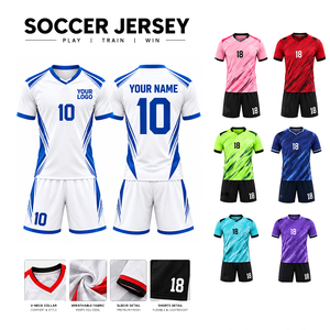 Maillot de football personnalisé blanc et bleu, col en V, manches courtes, impression par sublimation, uniforme d'équipe unisexe pour adulte, polyester respirant - Product Image 5