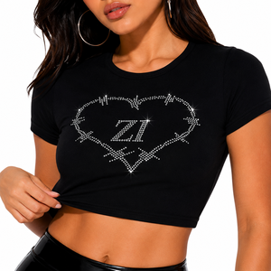 Customized Women Luxury Rhinestone Heart Graphic Crop T Shirt Slim Fit Streetwear Baby Tee Custom Stretch Fashion Women's Shirts - Product Image 3