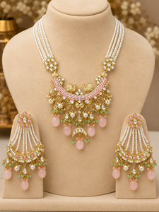 Indian Alloy Gold Plated Kundan Necklace Rani Haar Earring Set Artificial Pearls Crystal Flower Design Women's Trendy Wedding - Product Image 1