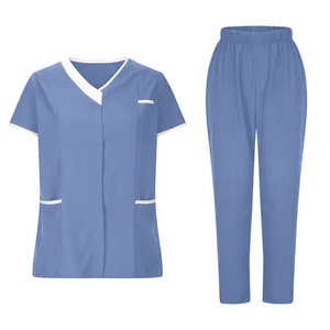 Tenues d'infirmière 2 pièces pour femmes, coupe droite, taille extensible, fonctionnelles, couleur unie, col montant, logo personnalisé - Product Image 3
