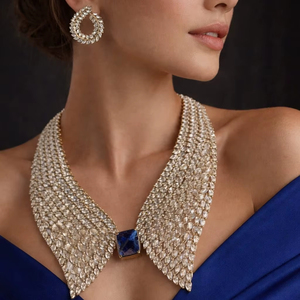 New European American Opening Collar Style Flower Design <b>Copper</b> Zircon 18K Gold Plated Strand Necklace Luxury Ball Dress Party - Product Image 1