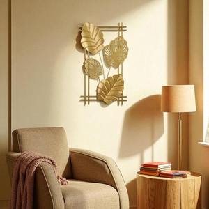 Arte de pared de 3 piezas con diseño botánico de hojas metálicas en acabado dorado, plateado y azul para decoración de la sala de estar y crear un punto de foco. - Product Image 6