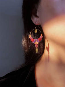 Pendientes de Aro Dorados de Macramé, Estilo Boho, con Cuentas Turquesa y Marrón, Colgante Ovalado, Joyería Hecha a Mano, Venta al Por Mayor Personalizada - Product Image 4