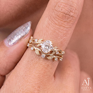 Bague en Moissanite Or Rose avec Pierre Centrale Ovale et Motif Feuille, Bijou de Mariage Nuptial - Product Image 5