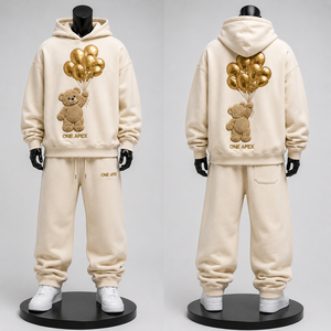 Ensemble de survêtement unisexe de luxe en molleton avec sweat à capuche et pantalon de jogging brodés motif ours en peluche crème surdimensionné – OEM ODM - Product Image 3