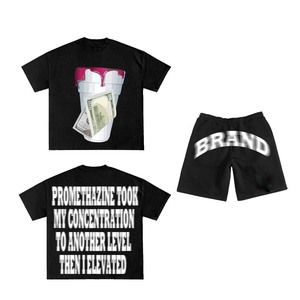 280 GSM Cotton Polyester Women T Shirt Short <b>Set</b> Black Puff Print DTG Custom Logo Streetwear 100% Cotton T shirt & Short <b>Set</b> - Product Image 1