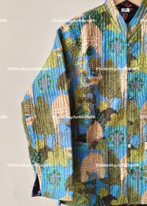 Chaqueta de Algodón Acolchada con Estampado Animal Tropical, Reversible, Estilo Boho Kimono, Mangas Farol, Hecha a Mano con Estampado de Bloques, Talla Estándar - Product Image 3