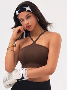 Female Seamless Cross <b>Neck</b> Yoga Bra Ribbed Knit Stretch Athletic Top <b>Padded</b> Low Impact Activewear Tank Top Fitness Wear - Product Image 1