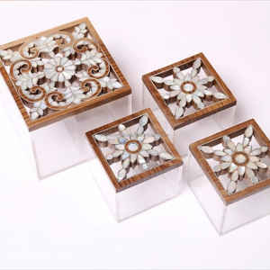 Stylish Ramadan & <b>Eid</b> Mubarak <b>Gift</b> Packaging High Quality Acrylic Dessert Serving <b>Box</b> with Wooden Mother of Pearl Lid - Product Image 2