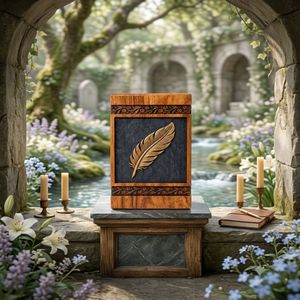 Wooden Cremation Urn Brown Adult <b>Memorial</b> <b>Keepsake</b> <b>Box</b> Carved Feather Design Customizable 200 Cubic Inch Capacity - Product Image 5