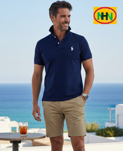 Chemises formelles pour hommes à manches courtes en polyester et coton respirant 220 g/m², anti-boulochage, tricotées, avec logo personnalisé imprimé – Collection été - Product Image 1