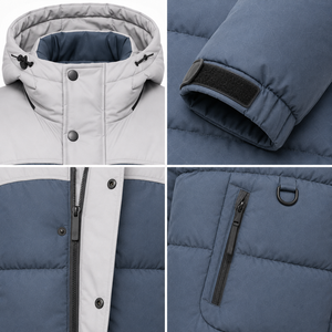 Blouson matelassé de luxe à capuche pour l'hiver, avec empiècement contrastant aux épaules, patch en PVC, poignets ajustables et ourlet incurvé rembourré - Product Image 6
