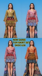 New Trendy Vintage Boho Saree <b>Short</b> Top Skirt <b>Set</b> <b>Women</b> Ethnic Indian One <b>Set</b> Wedding Party Wear 100% Silk Eco-Friendly - Product Image 4