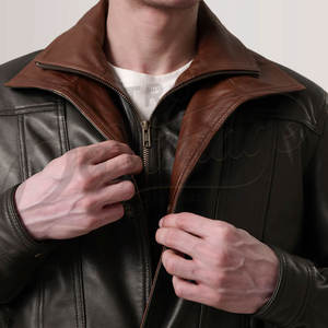 Veste en cuir olive foncé pour homme avec col contrastant marron, en véritable peau de mouton, coupe ajustée, pour l'automne et l'hiver, style décontracté, veste moto superposée - Product Image 1