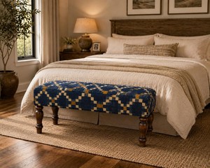 Rustic Blue Upholstered <b>Bench</b> Handmade Wool Jute Wooden Farmhouse Entryway Ottoman Bedroom End of Bed Accent <b>Seating</b> - Product Image 5