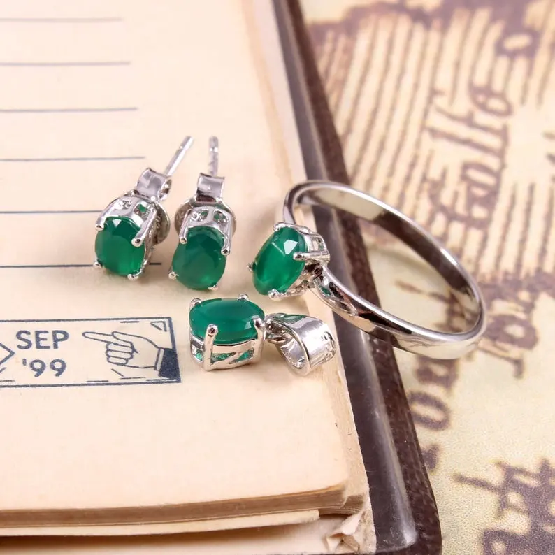925 Sterling Silver Emerald Green Onyx Jewlery Set October Birthstone Ring Earrings Pendant Jewlery Set Birthday Gift