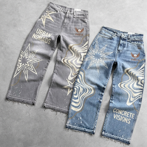 Jean pour homme tendance streetwear personnalisé, denim délavé foncé, taille mi-haute, coupe ample et large, léger et décontracté - Product Image 2