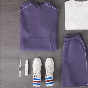 Conjunto de 2 Piezas para Hombre, Estilo Urbano, Verano, Casual, Tejido Sólido, Sudadera con Capucha y Pantalones Cortos, Transpirable, Secado Rápido - Product Image 6