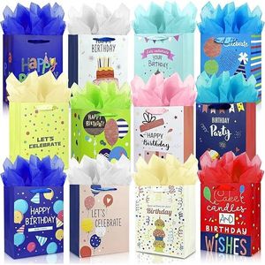 Confezione da 12 Sacchetti Regalo in Carta Velina con Manici a Nastro 'Buon Compleanno' per Confezioni Regalo, Feste e Omaggi - Product Image 1