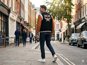 เสื้อแจ็คเก็ตบอมเบอร์ MCM Monogram Varsity สีดำ แขนหนังสีคอนยัค ดีไซน์หรูหรา - Product Image 6