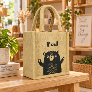 Sac fourre-tout en jute PP naturel avec imprimé ours BOO, 20x20x10 cm, poignée en ruban de coton tressé, logo personnalisé, vente en gros, OEM, marque privée, sacs cadeaux - Product Image 5