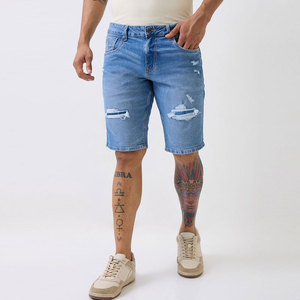 Shorts Bermuda en jean déchiré bleu clair pour homme, taille mi-haute, fermeture éclair, style urbain, en coton tissé respirant, coupe ajustée, séchage rapide - Product Image 1