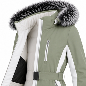 Veste de ski imperméable pour femme 2026, verte avec empiècements blancs, capuche en fausse fourrure, isolation synthétique, fermeture éclair, fabricant direct - Product Image 4