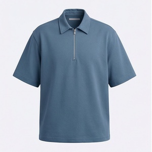 Polo à manches courtes pour homme, couleur unie, col zippé, tissu tricoté bleu - Product Image 1