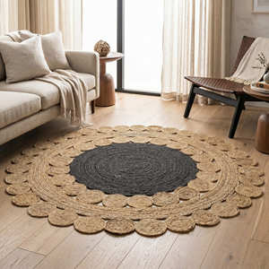 Grey Braided <b>Round</b> Jute Rug with Decorative Floral Arrangement for Contemporary Living Spaces - Product Image 6