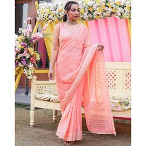 Collections de saris indiens ethniques tendance en mousseline de soie à séchage rapide pour femmes, pour festivals, mariages, toutes saisons, avec motifs Paisley, couleur pêche et travail Gotta - Product Image 3