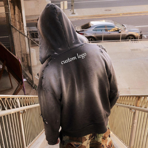 Sudadera con Capucha Negra Extra Grande de Algodón para Hombre, Estilo Urbano, Tela Lavada, Logotipo Personalizado, Estampado en la Espalda, Estilo Otoñal - Product Image 1