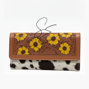 Portefeuille long pour femme en cuir véritable de vache à poils, sculpté à la main motif tournesol, style vintage floral, pochette de cowgirl, OEM - Product Image 2