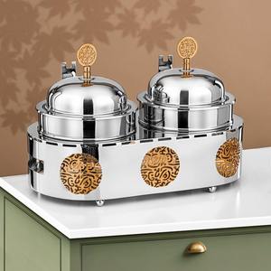 Plat à chafing rond haut de gamme en acier inoxydable finition miroir, chauffe-plats de buffet avec support beige à design arqué, unité individuelle - Product Image 1