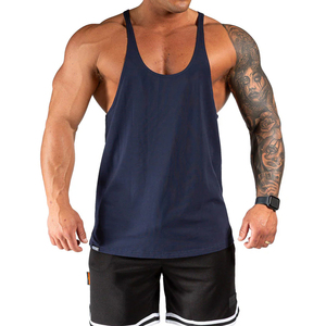 Nouveauté : Débardeur long en coton bleu marine pour homme, idéal pour la musculation et l'entraînement en salle de sport - Product Image 4