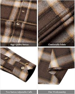 Chemises en flanelle pour hommes, coton et polyester, col montant, manches longues, coupe décontractée, boutonnées, à carreaux, vêtements de travail respirants - Product Image 1