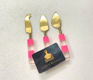 Minimalist Style <b>Cheese</b> <b>Knife</b> <b>Set</b> 3 Pcs Gold Plated Stainless Steel Pink Resin Handle Durable Hand Wash Only Tableware Utensil - Product Image 4