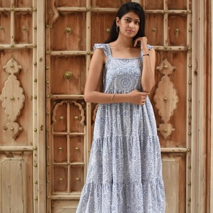Summer Maxi Cotton Floral White Pink Formal A-Line Vintage <b>Dress</b> | Handmade in India | Square Collar Smocking - Product Image 2