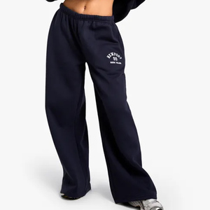 กางเกงจ็อกเกอร์ผ้าฝ้ายแท้ 100% สีกรมท่า ทรงขากว้าง ปักลาย สำหรับผู้หญิง เนื้อผ้าเทอร์รี่ฟลีซ นุ่มสบาย กางเกงวอร์มขายาวสำหรับผู้หญิง - Product Image 1