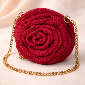 Bolso de ganchillo hecho a mano con forma de rosa y cadena metálica - Product Image 1