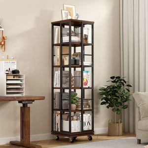 Libreria angolare girevole a 360° a 5 ripiani in legno, con scaffale rustico stretto, libreria da terra - Product Image 3