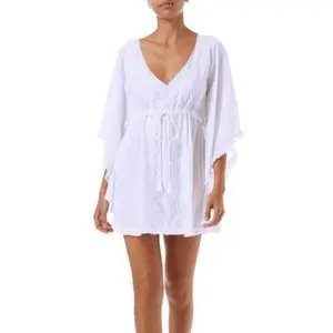 Tunique de plage blanche Style Boho, couleur unie blanche et bleue, grande taille pour femmes, nouvelle mode été