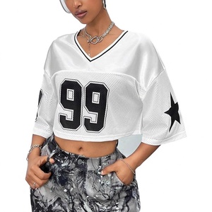 Women's White Mesh <b>Crop</b> <b>Top</b> V-Neck 99 Number Print Star Sleeve Hip Hop Style Breathable Jersey Tank <b>Top</b> - Product Image 1