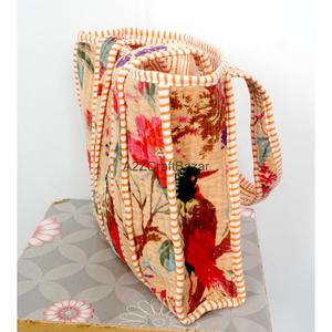 Grand sac fourre-tout indien en coton matelassé en velours, fait main, rayé, avec poignée, pour le shopping - Product Image 5