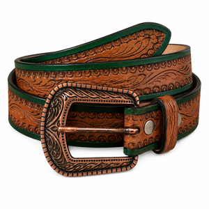 Cinturón Vaquero Occidental de Cuero Genuino con Grabado Floral y Borde Verde Cobre, Hecho a Mano, Vintage, Unisex, Ecológico, Duradero, Casual - Product Image 1