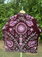 Veste d'hiver en velours tricoté brodé pour femme, faite à la main, motif floral vintage bohème, doublure en coton écologique, collection automne