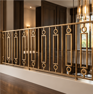 Geometric Gold Tone Metal <b>Staircase</b> Railing with Rectangular Frame and Circular Ring Balusters for Modern Interiors - Product Image 4
