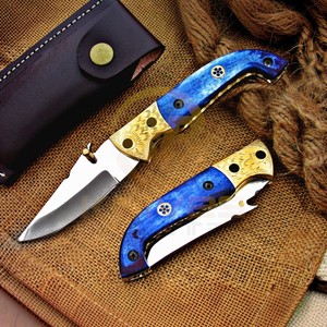 Cuchillo plegable de acero inoxidable con punta de cuchillo, mango de hueso azul, perilla para el pulgar, cuchillo de camping, cuchillo táctico de bolsillo DIY. - Product Image 1